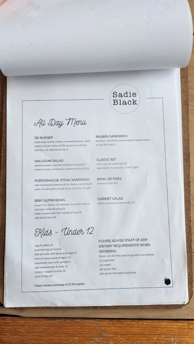 Menu, Sadie Black Cafe