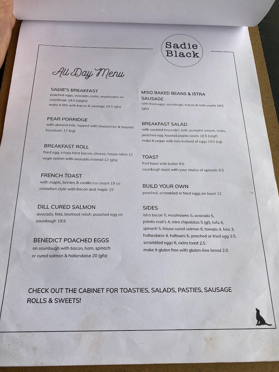Menu, Sadie Black Cafe