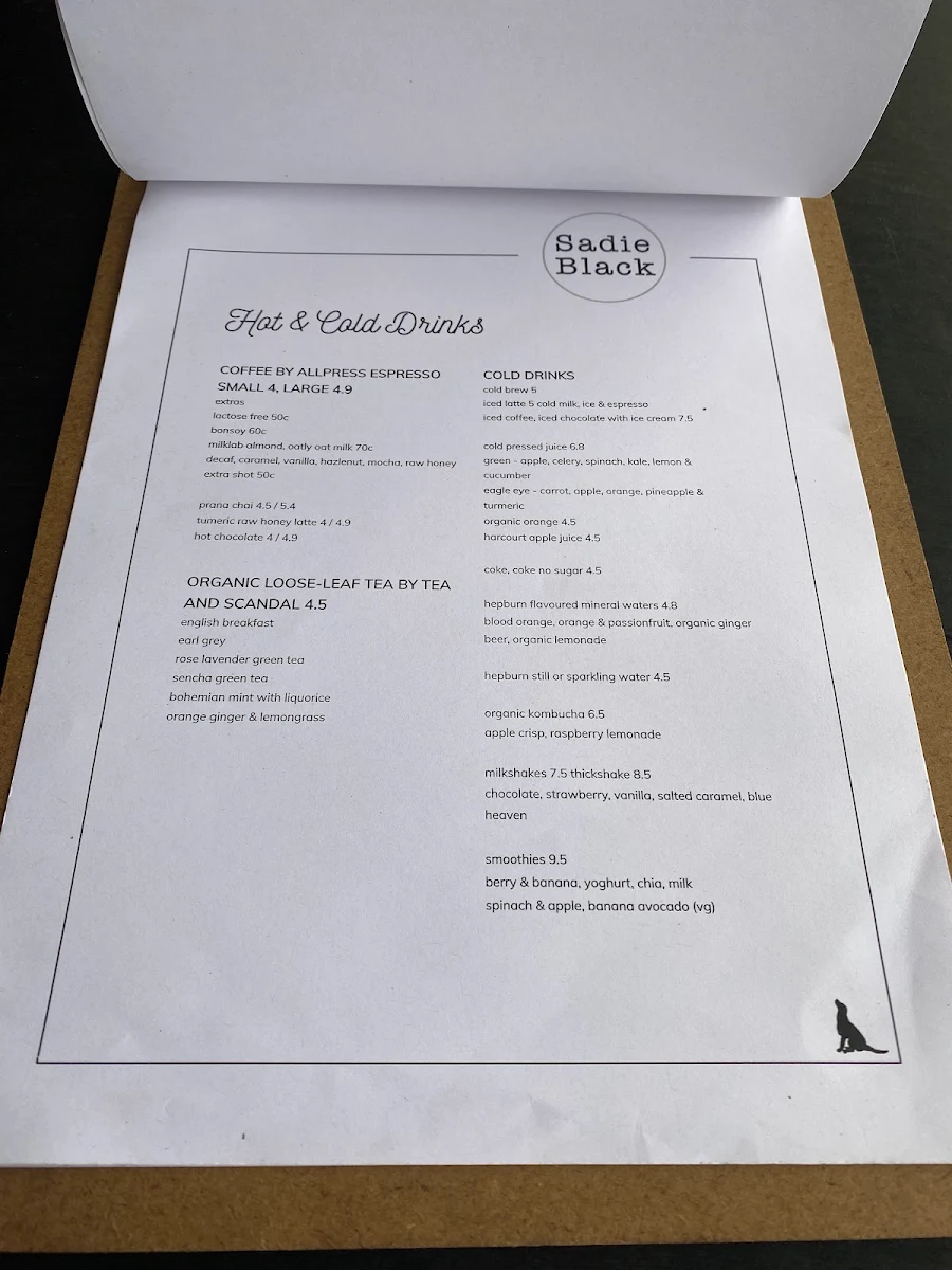 Menu, Sadie Black Cafe
