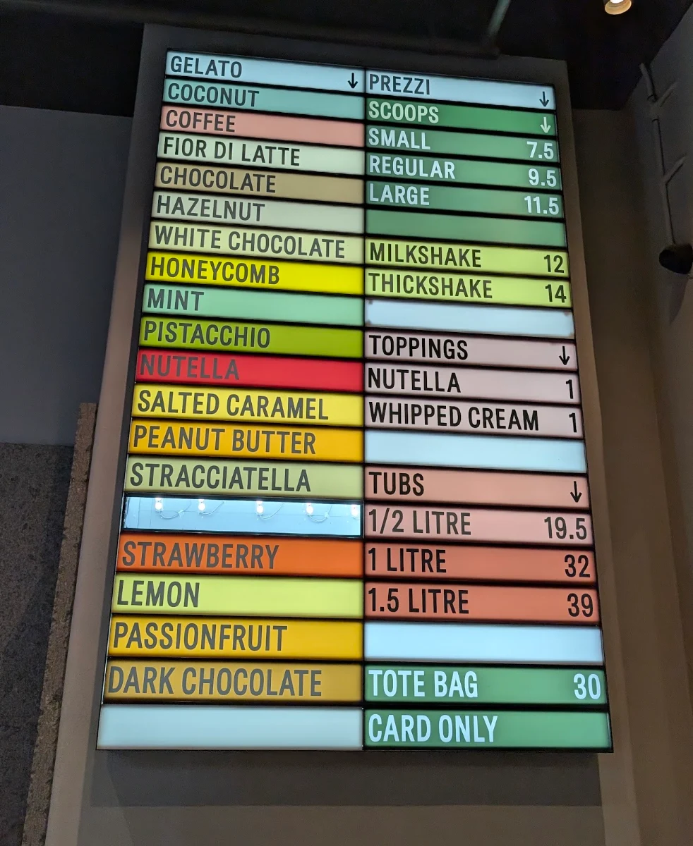 Menu, Piccolina Gelateria