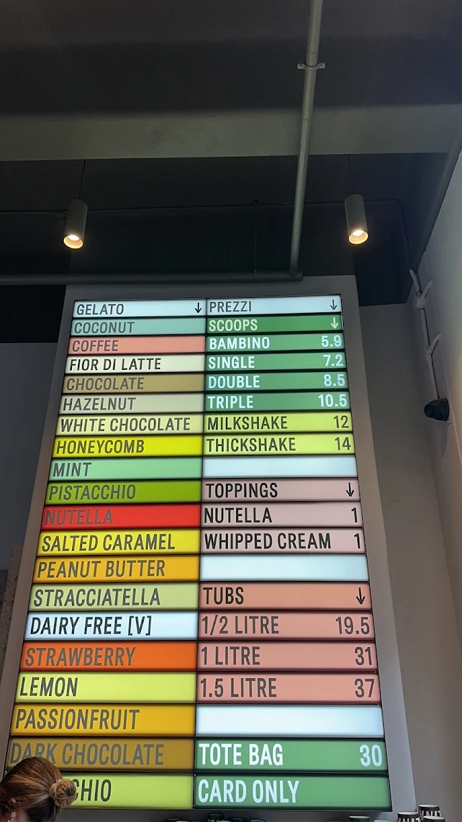 Menu, Piccolina Gelateria