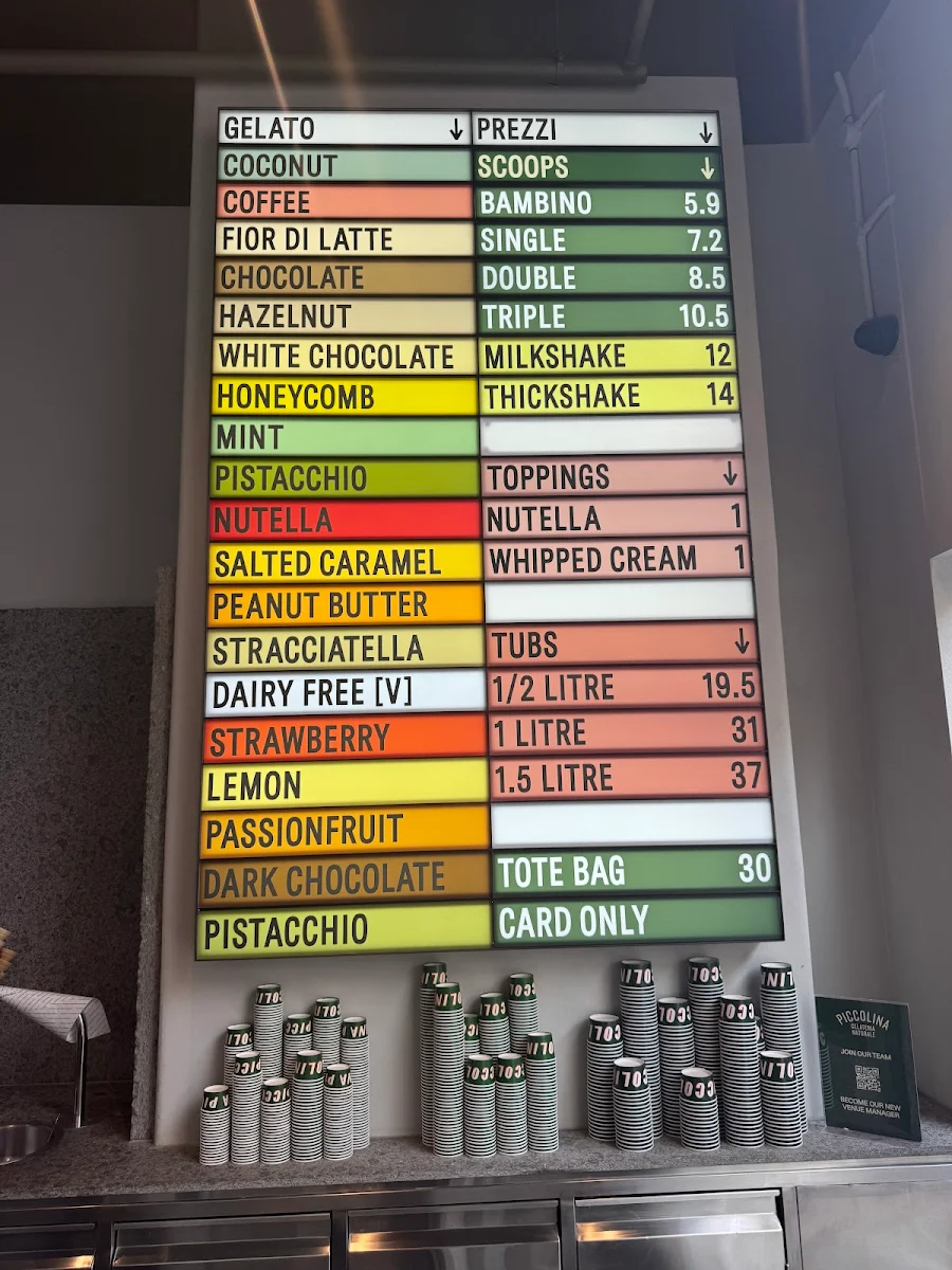 Menu, Piccolina Gelateria