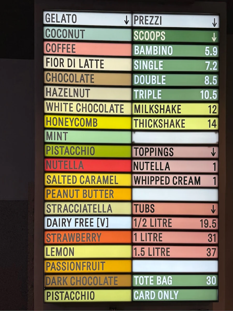 Menu, Piccolina Gelateria