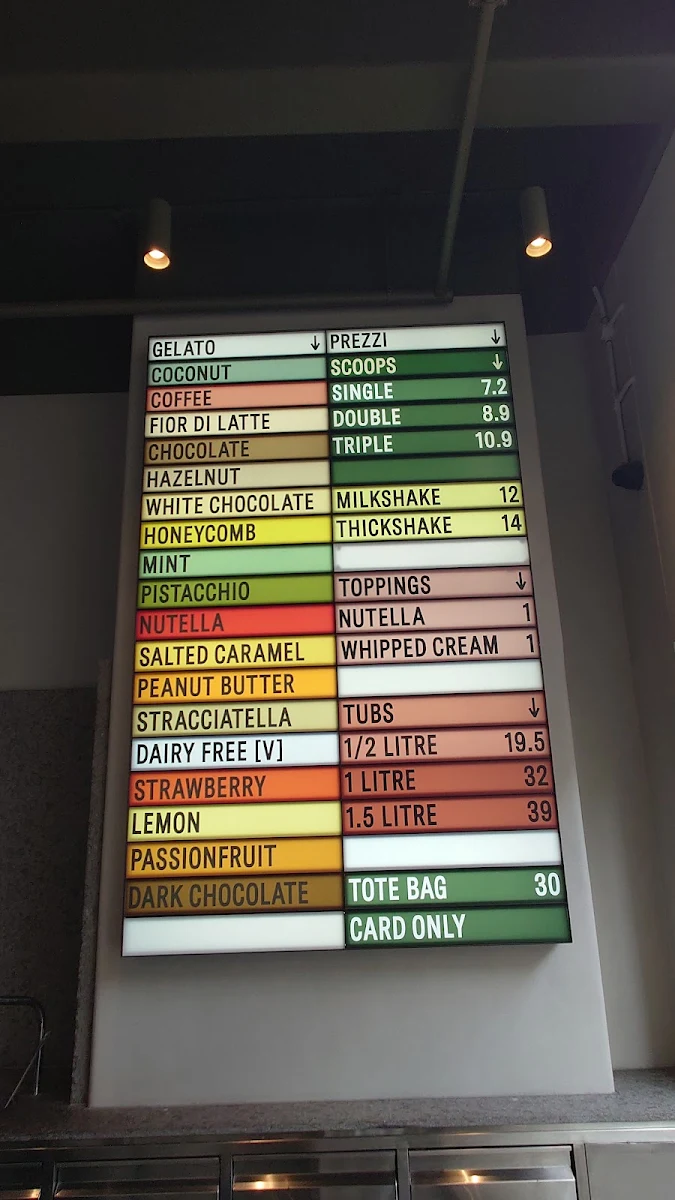 Menu, Piccolina Gelateria