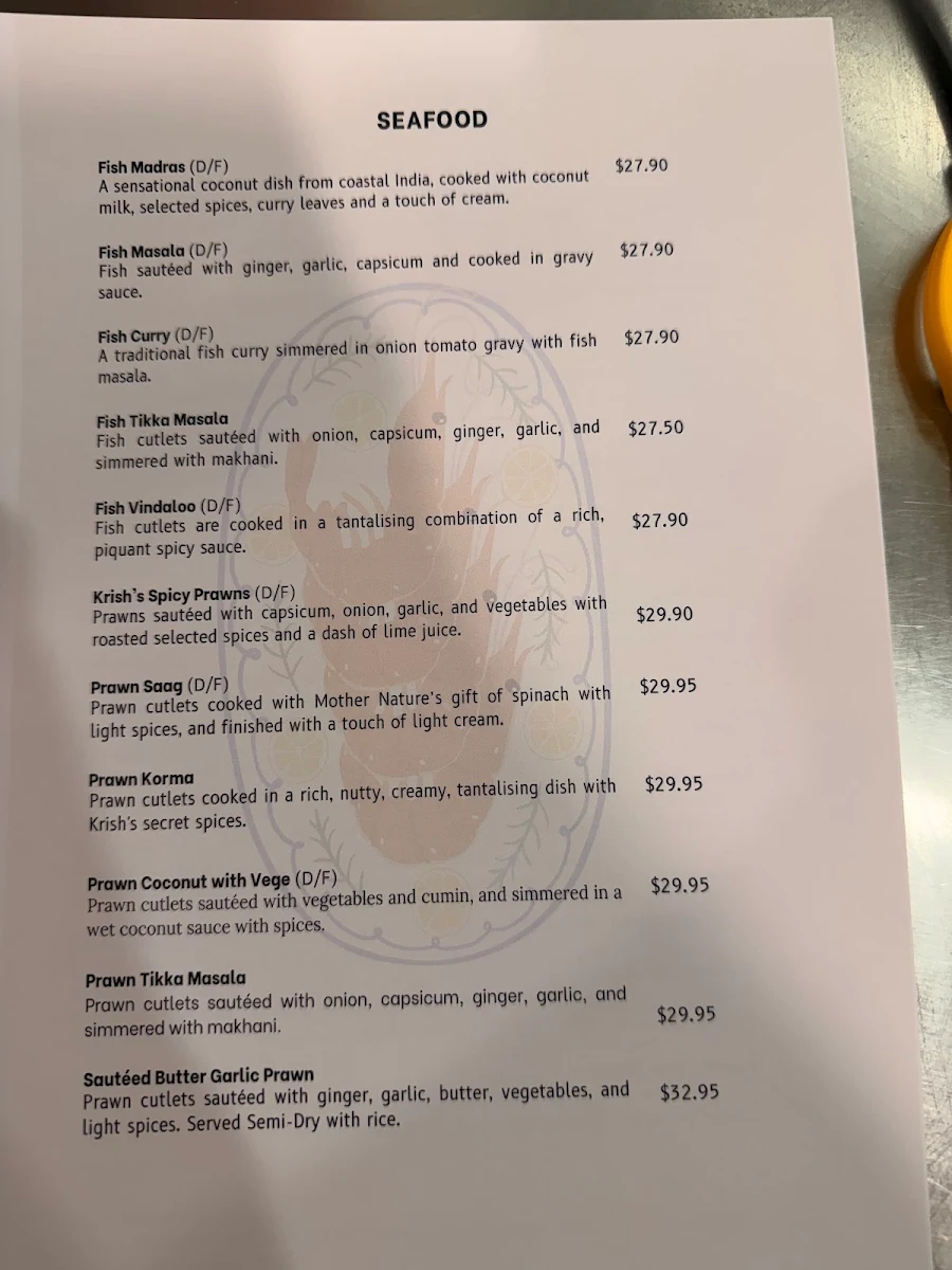 Menu, Krish Indian Southport