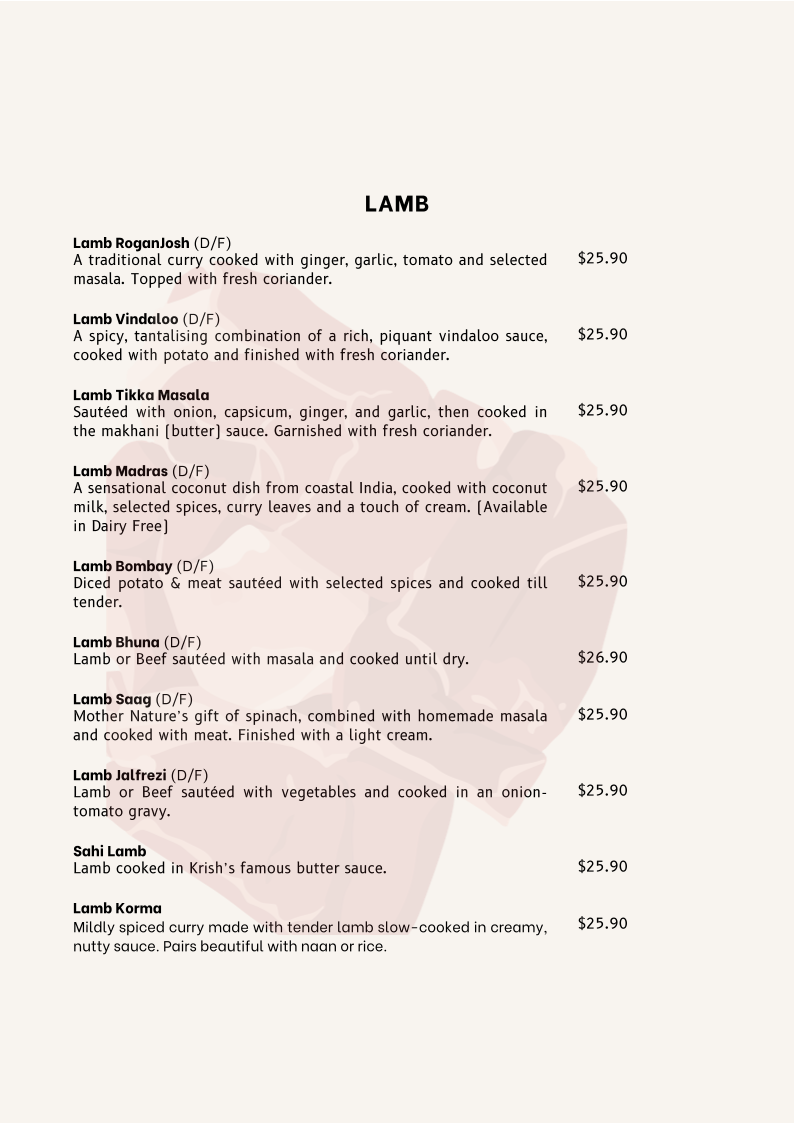 Menu, Krish Indian Southport