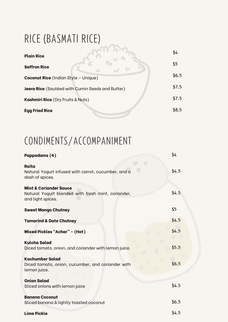 Menu, Krish Indian Southport