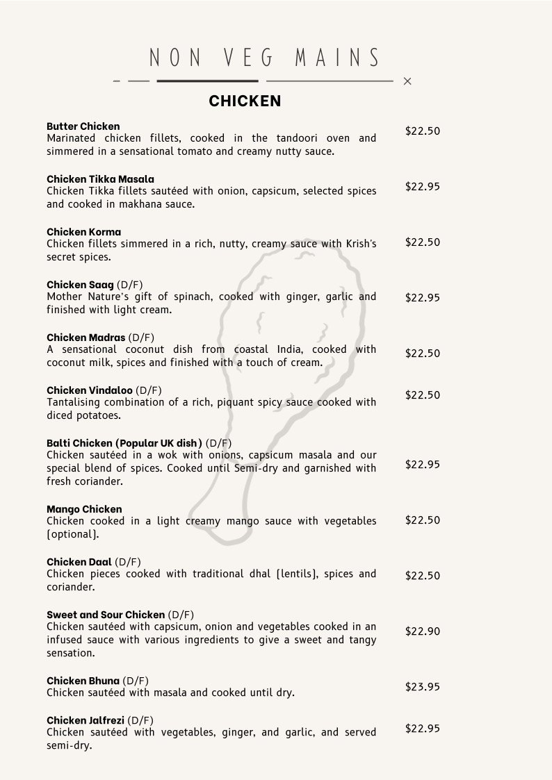 Menu, Krish Indian Southport