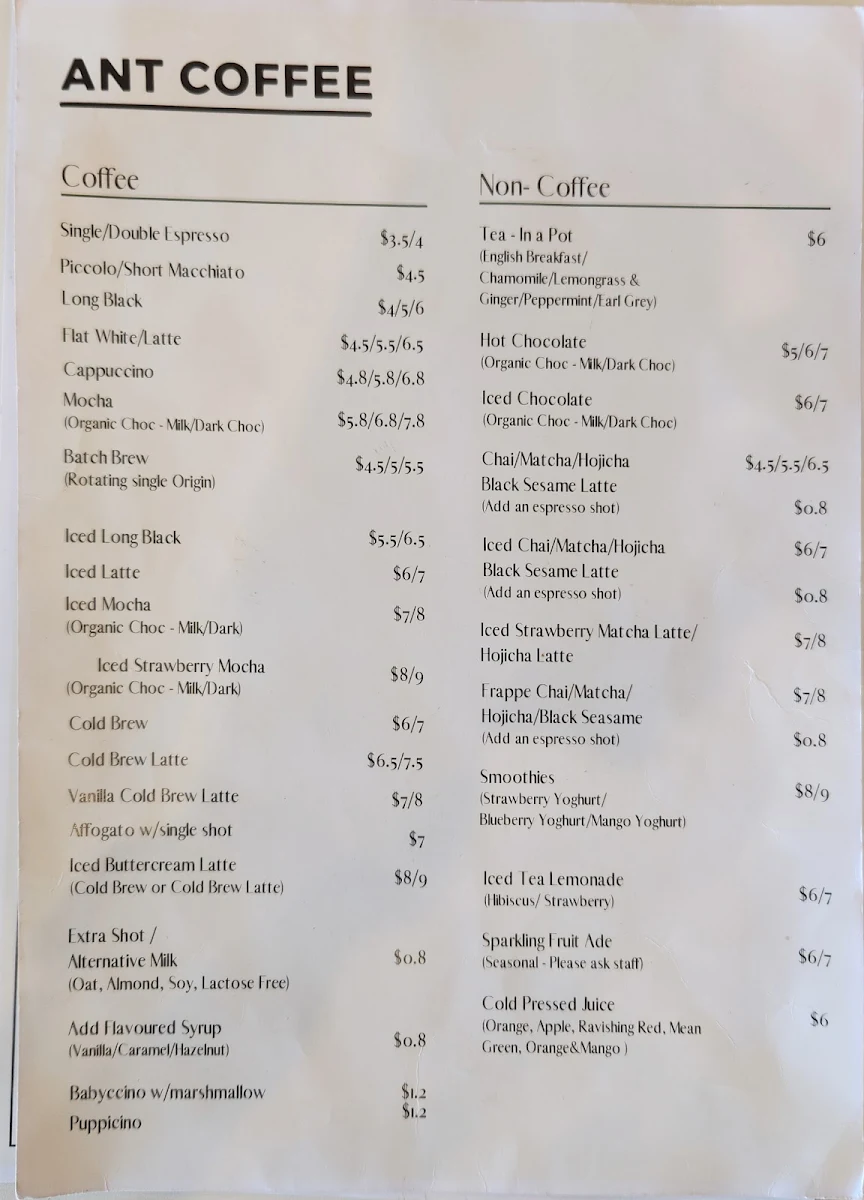 Menu, Ant Coffee