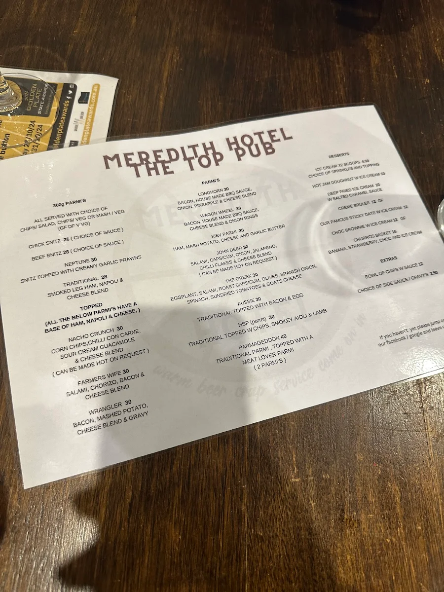 Menu, Meredith Hotel – Top Pub