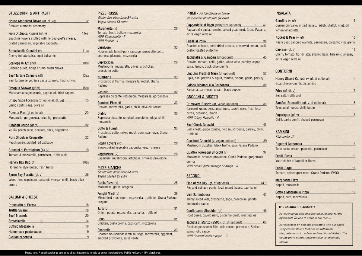 Menu, Balboa Italian Restaurant