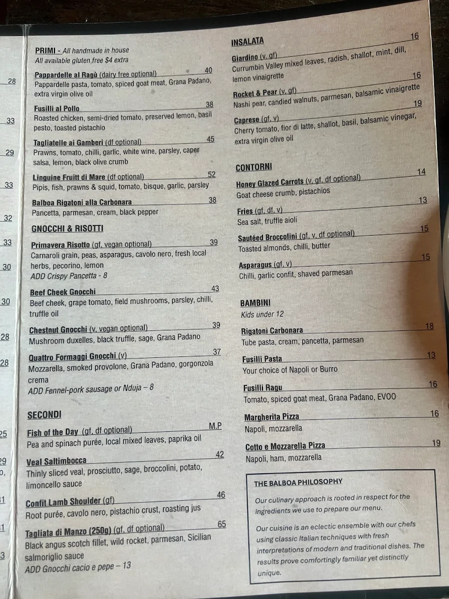 Menu, Balboa Italian Restaurant