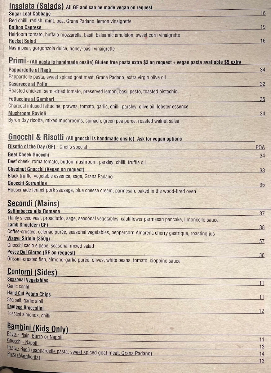 Menu, Balboa Italian Restaurant