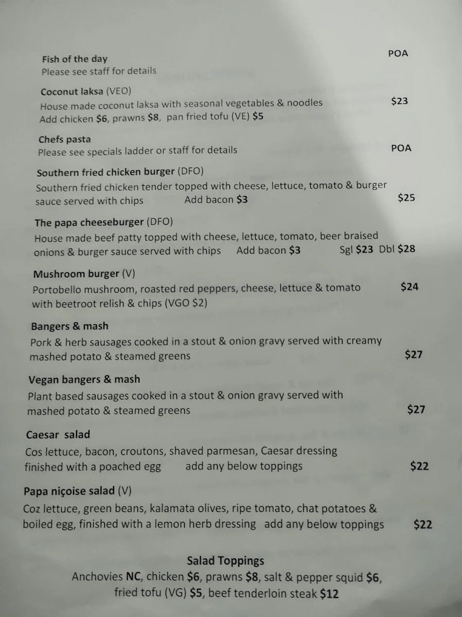 Menu, Port Admiral Hotel