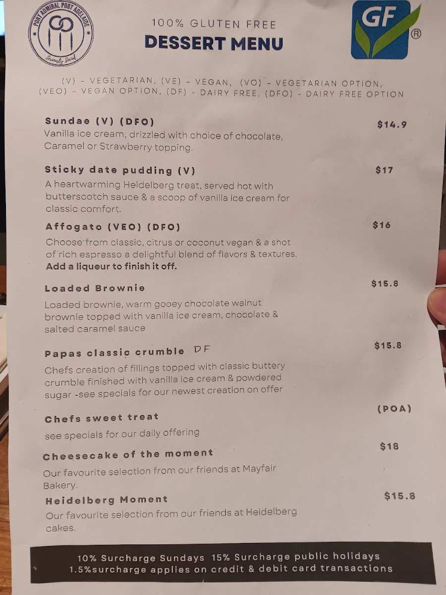 Menu, Port Admiral Hotel
