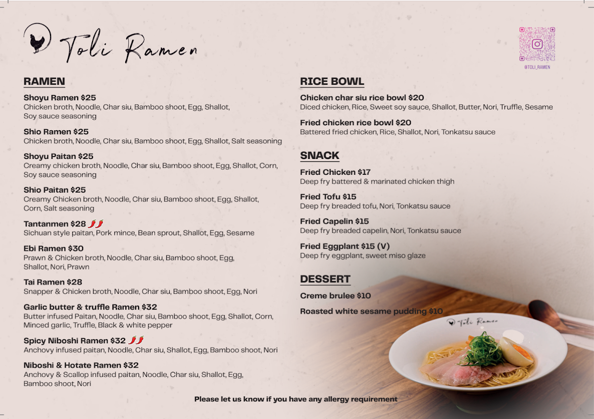 Menu, Toli Ramen