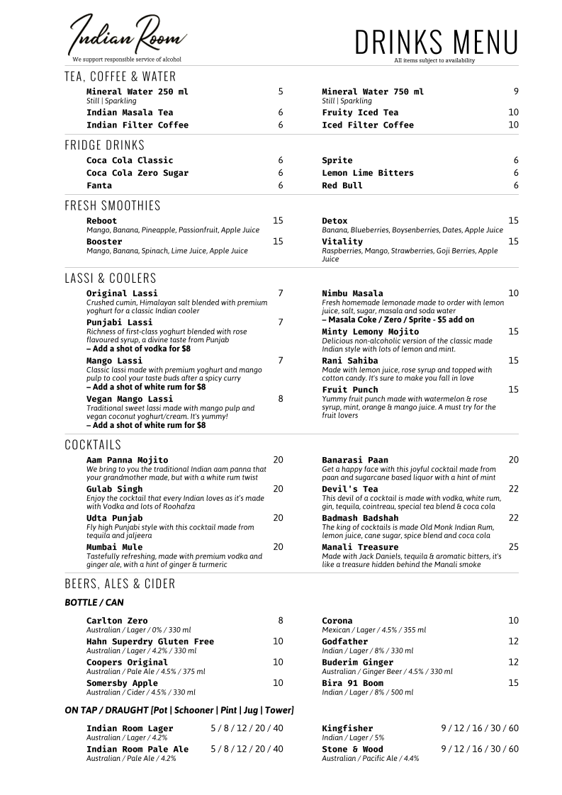 Menu, Indian Room Brisbane