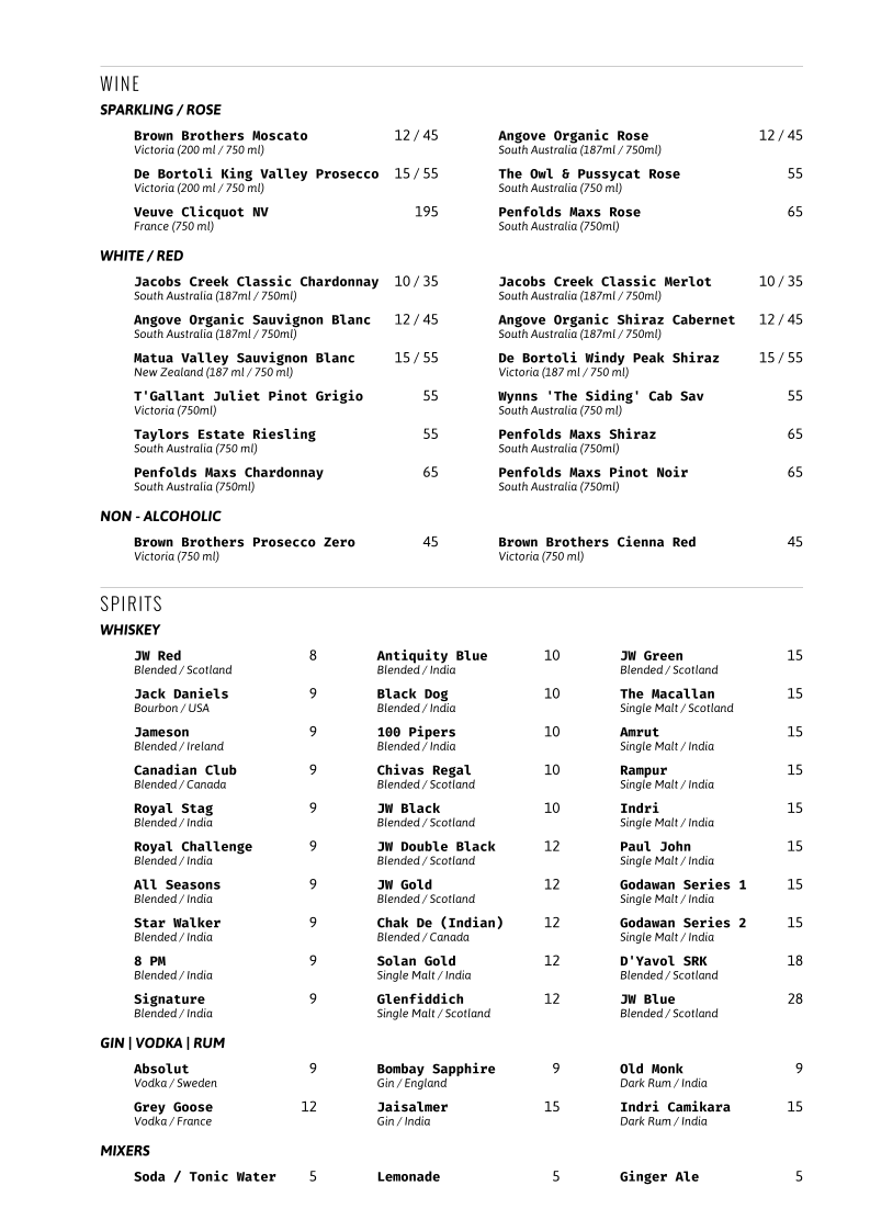 Menu, Indian Room Brisbane