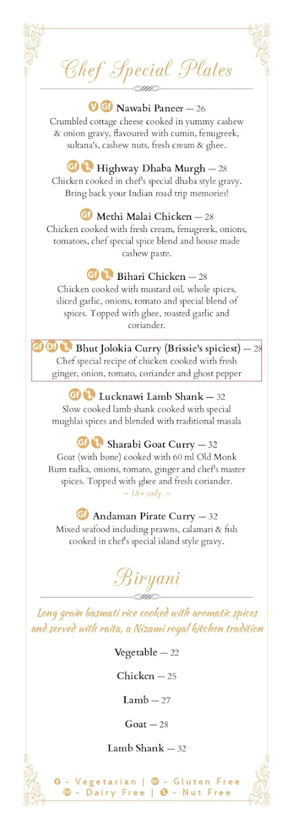 Menu, Indian Room Brisbane