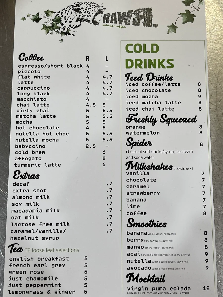 Menu, RawR Coffee Roasters and Eatery- Shellharbour