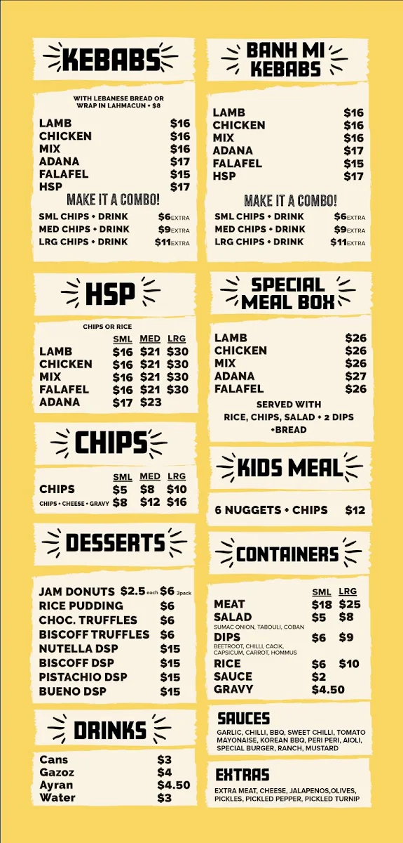 Menu, Ozzi's Kebabs