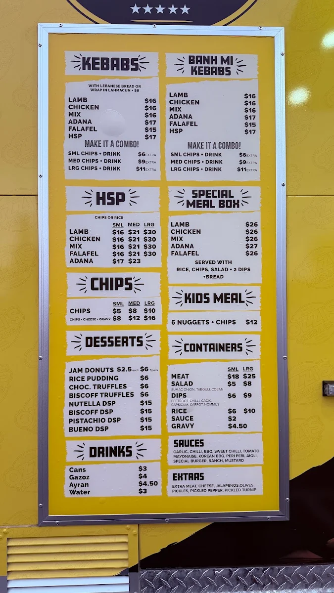 Menu, Ozzi's Kebabs