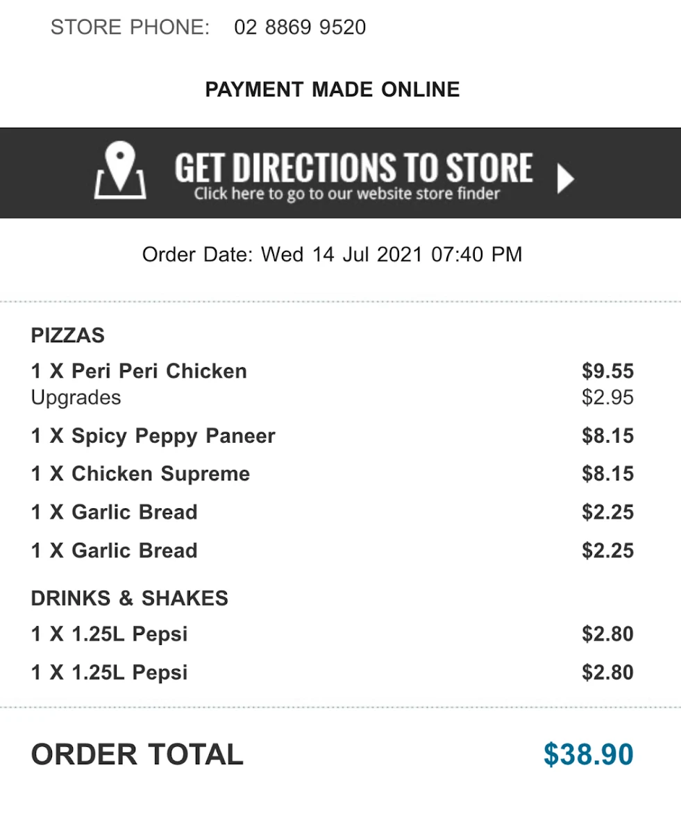 Menu, Domino's Pizza Blacktown