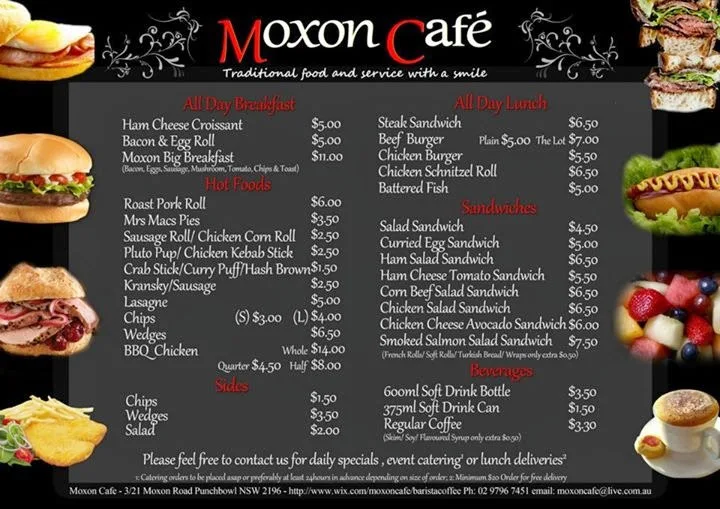 Menu, Moxon Cafe