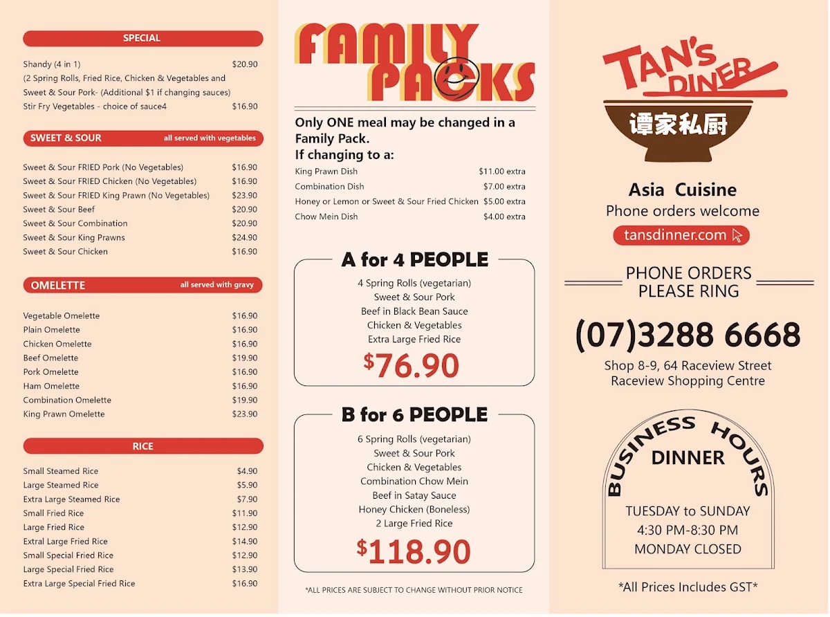 Menu, Tan's Diner