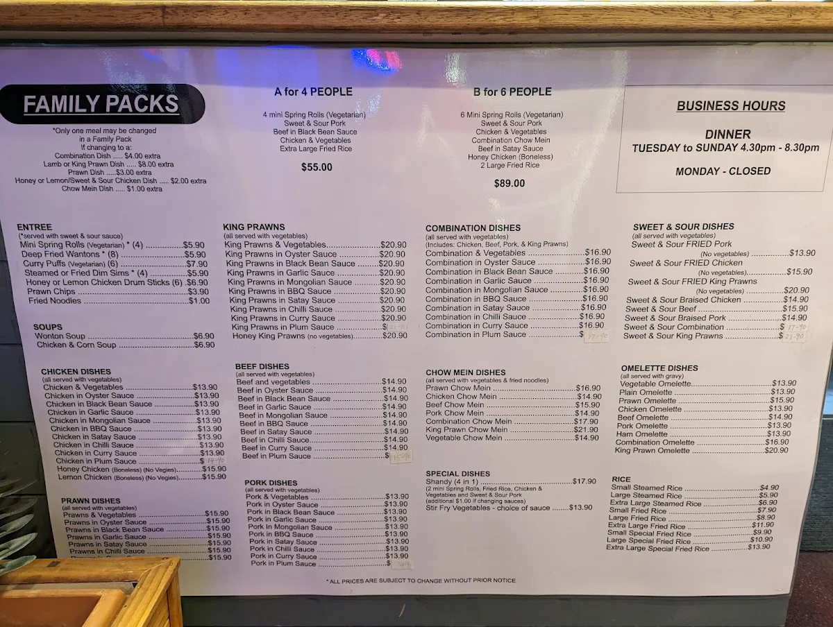 Menu, Tan's Diner