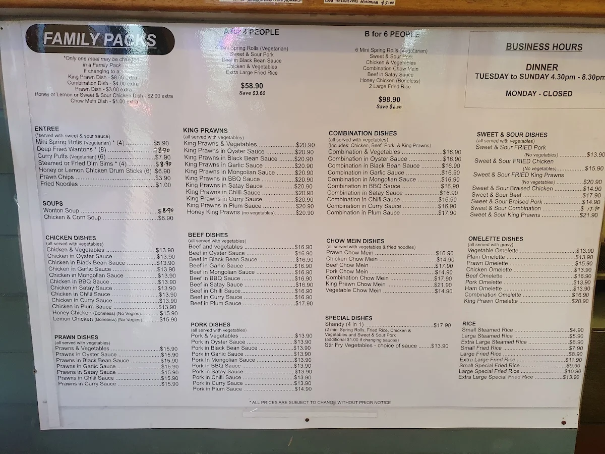 Menu, Tan's Diner