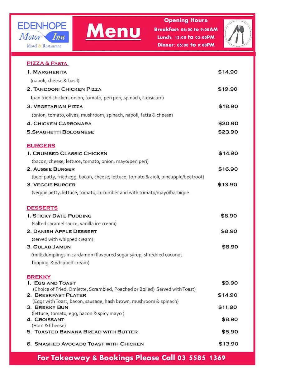 Menu, Edenhope Restaurant
