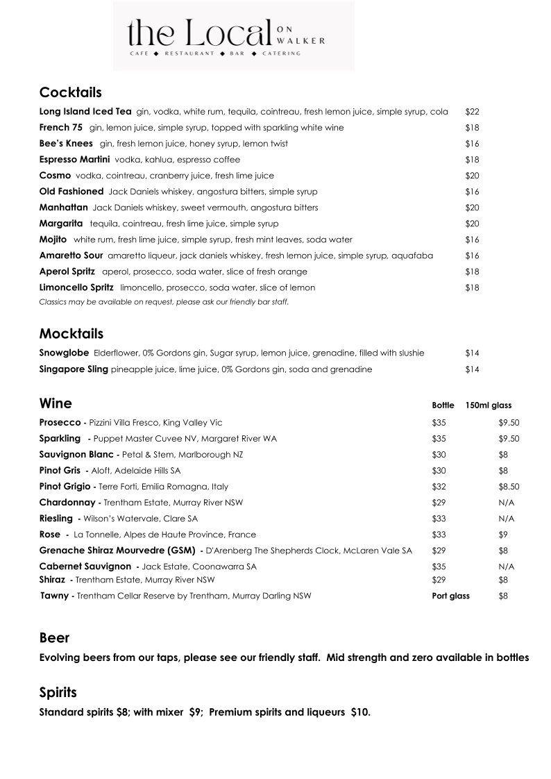 Menu, The Local on Walker