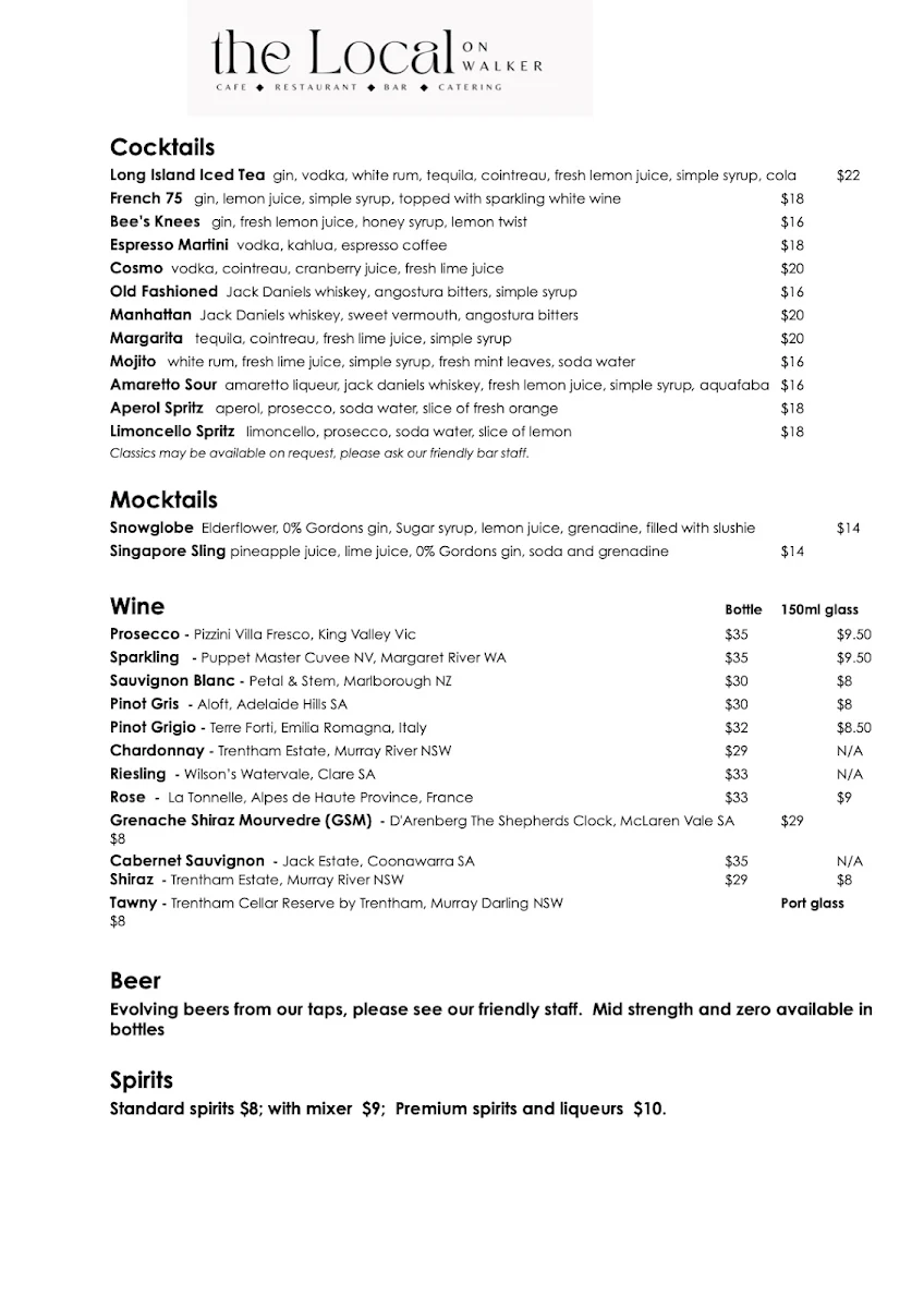Menu, The Local on Walker