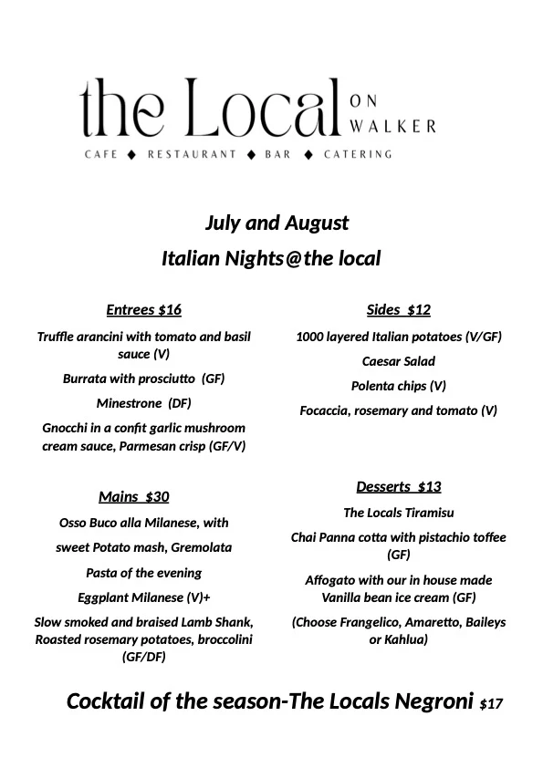 Menu, The Local on Walker