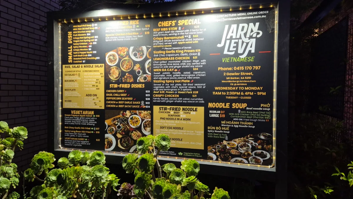 Menu, Jarn Leva Mt Barker