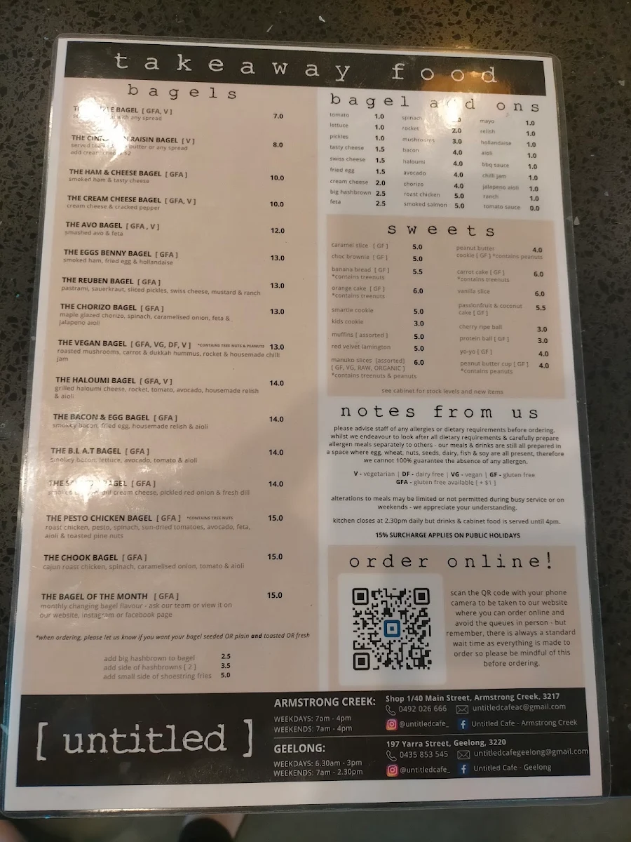 Menu, Untitled Cafe - Armstrong Creek