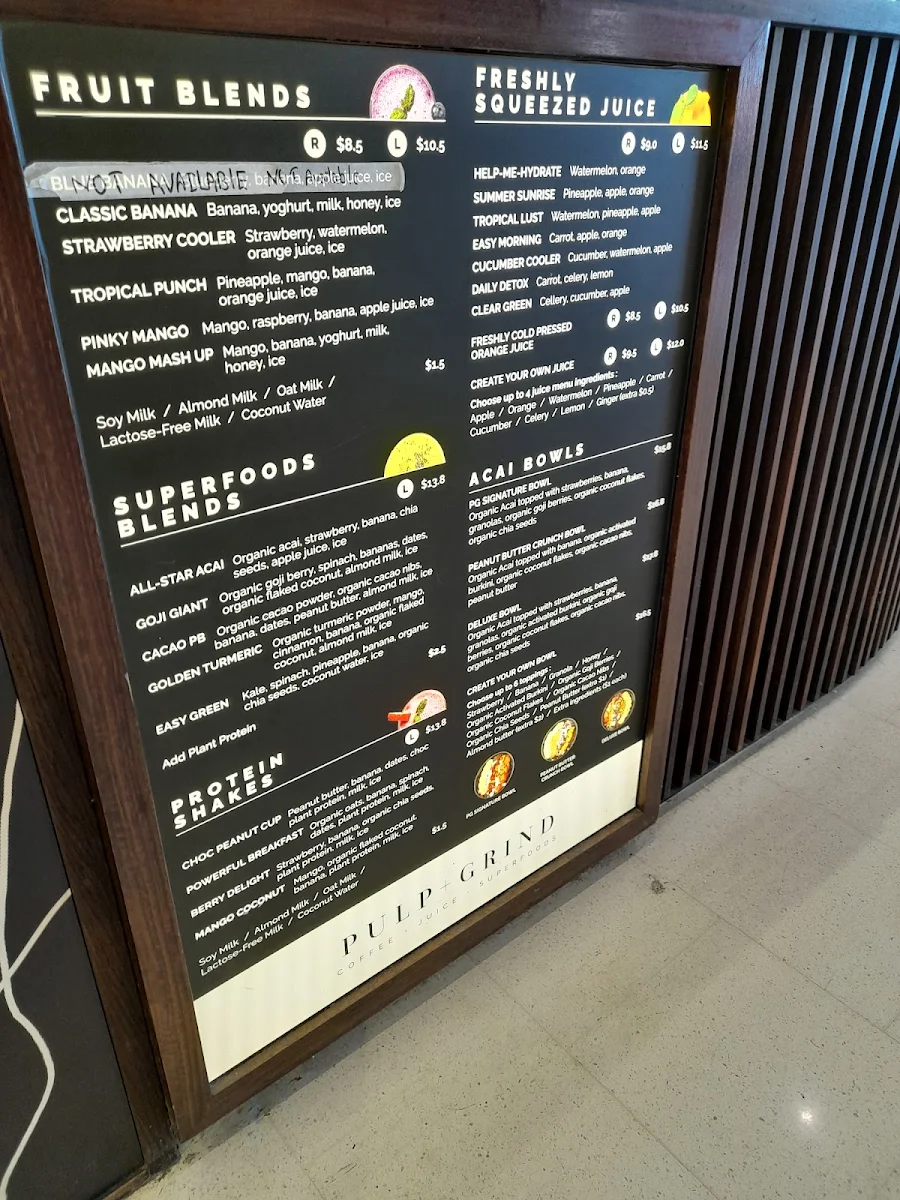 Menu, Pulp & Grind Sydney International Airport