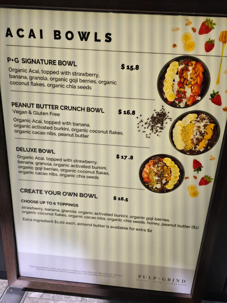 Menu, Pulp & Grind Sydney International Airport