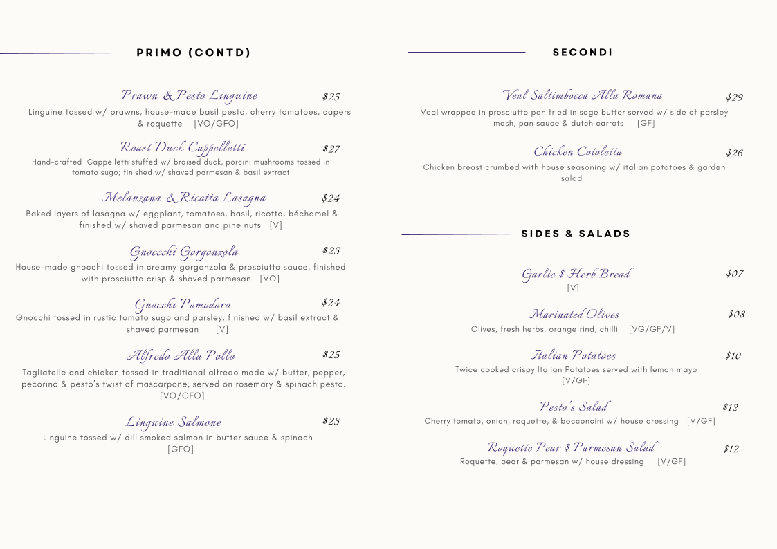 Menu, Pesto’s Ristorante Italiano