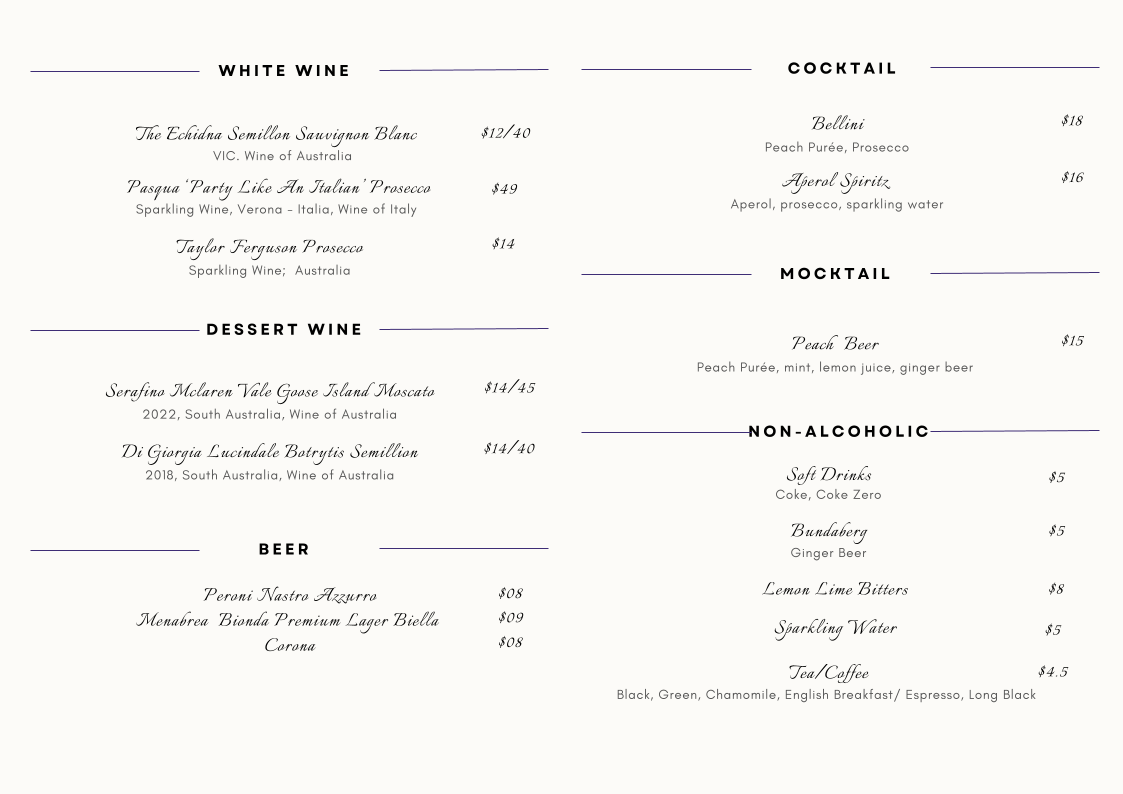 Menu, Pesto’s Ristorante Italiano