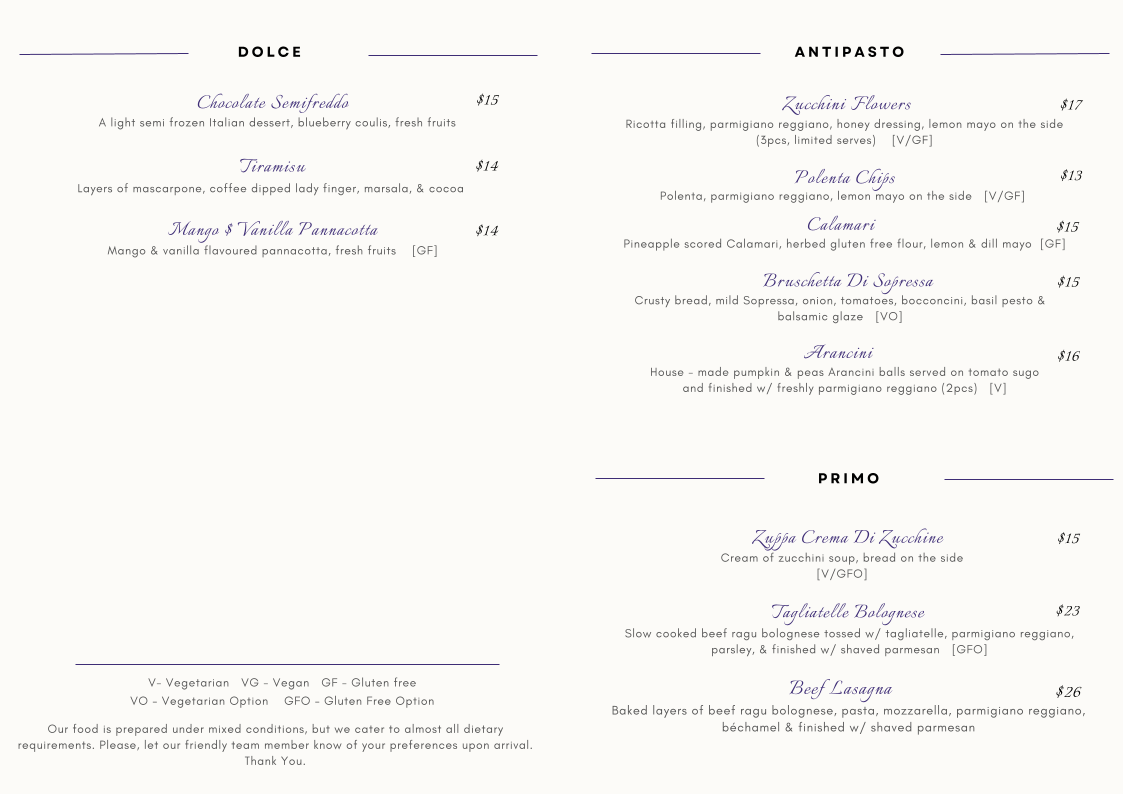 Menu, Pesto’s Ristorante Italiano