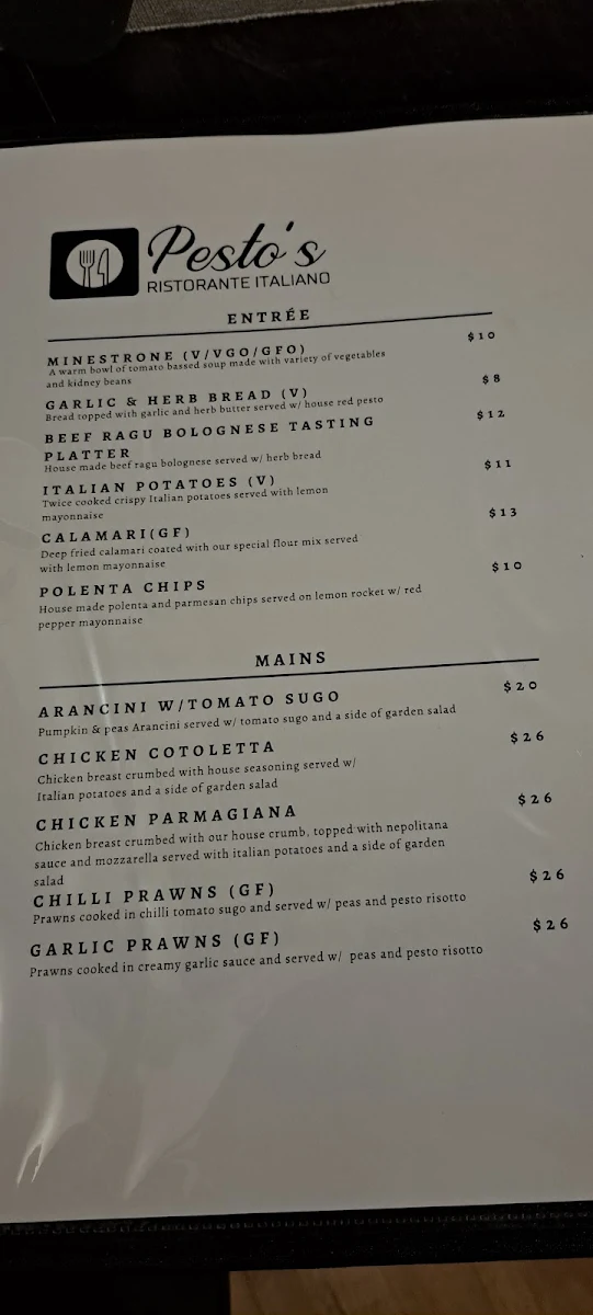 Menu, Pesto’s Ristorante Italiano