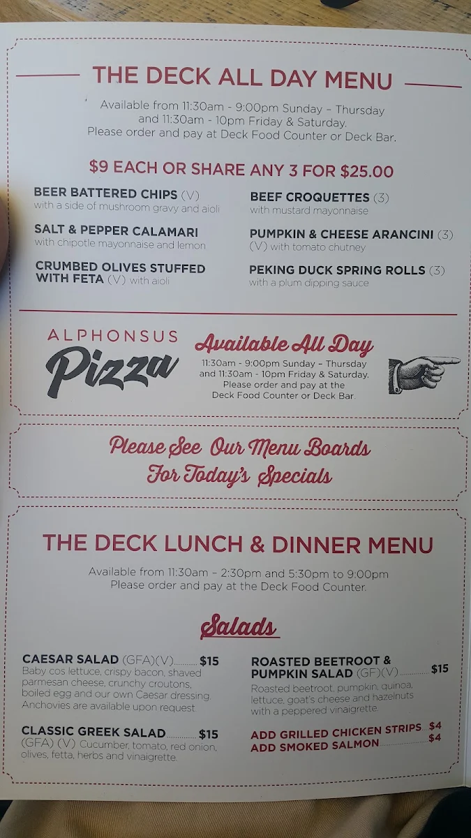 Menu, Alphonsus Pizza