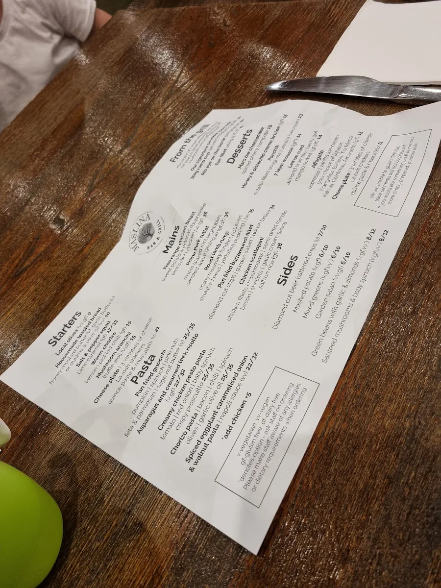 Menu, Maslina Bar and Grill