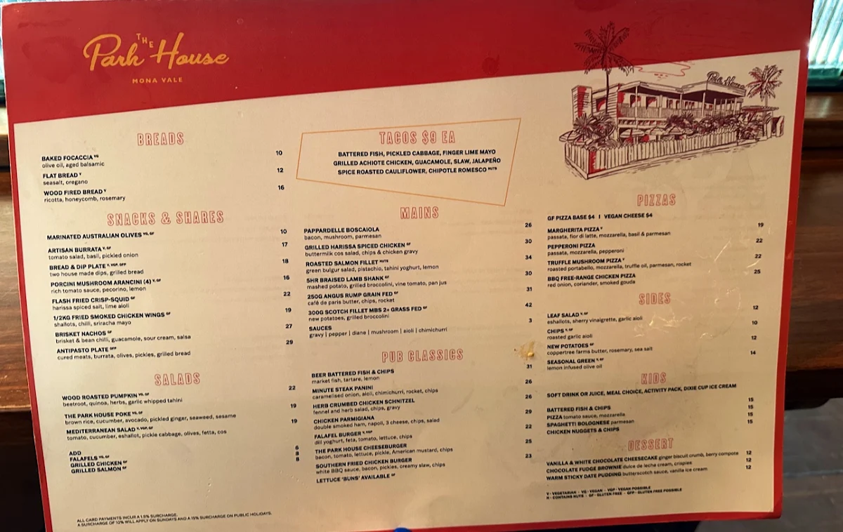 Menu, The Mona Vale Hotel