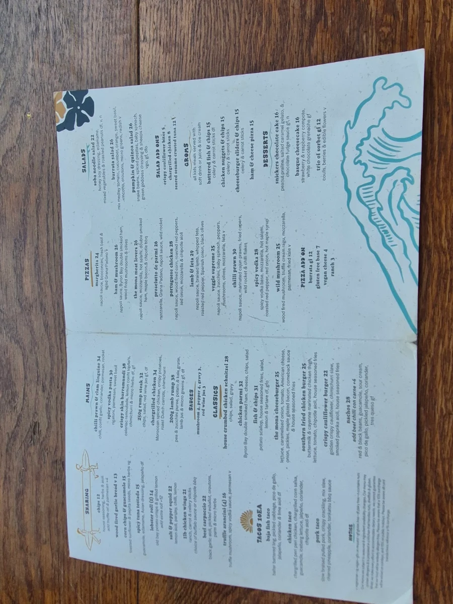Menu, The Mona Vale Hotel