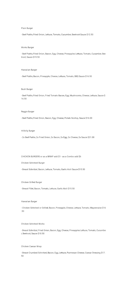 Menu, Crossroads Café and Takeaway