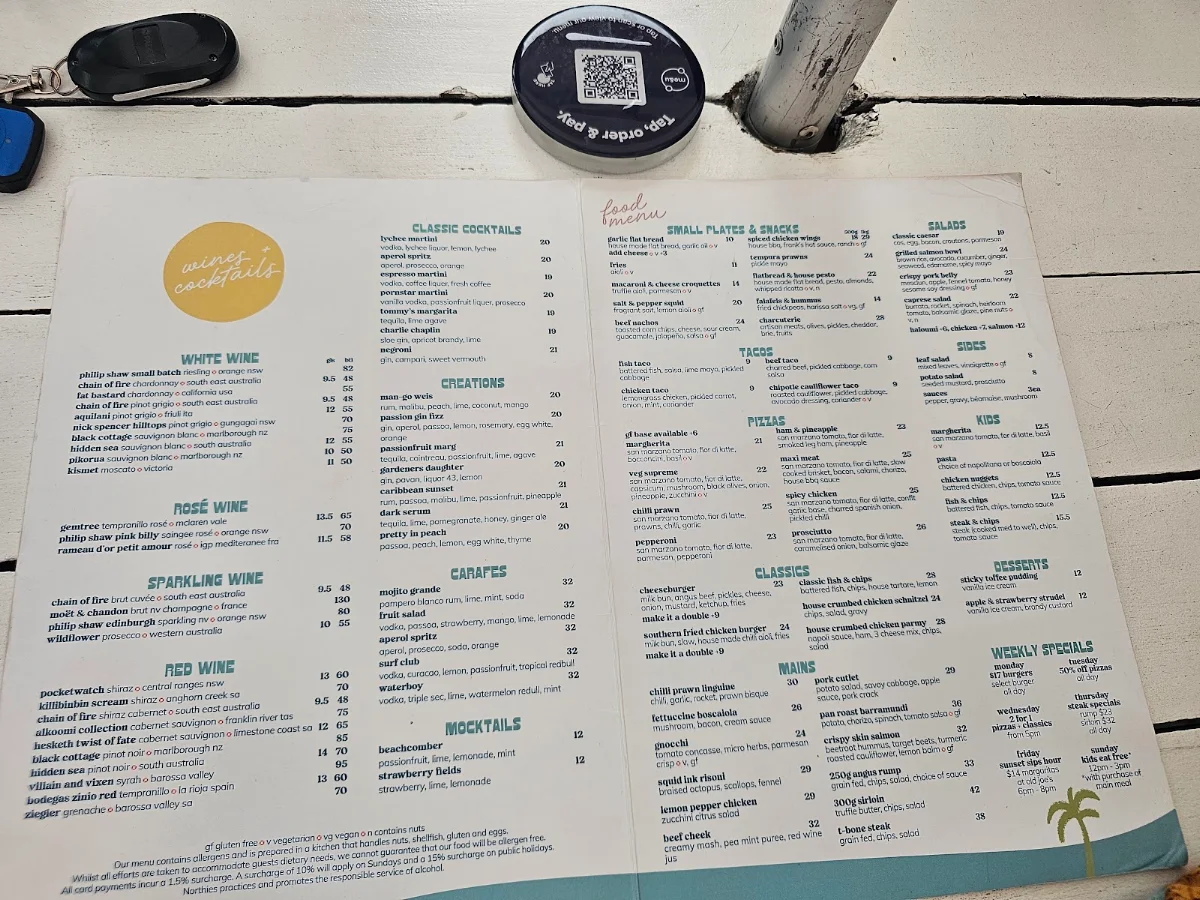 Menu, Northies Cronulla Hotel