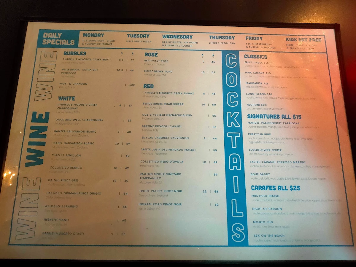 Menu, Northies Cronulla Hotel